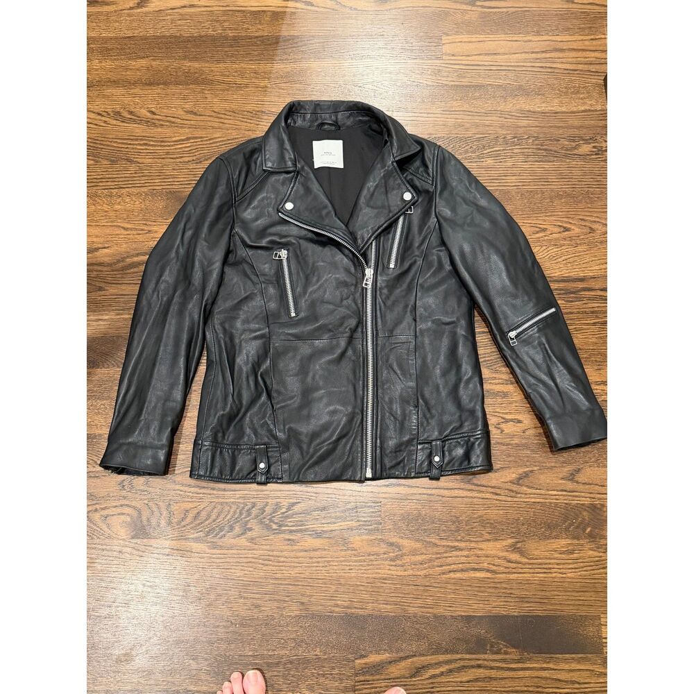 MNG Mango Genuine Leather Moto Jacket Black Biker Notched Lapel Womens S